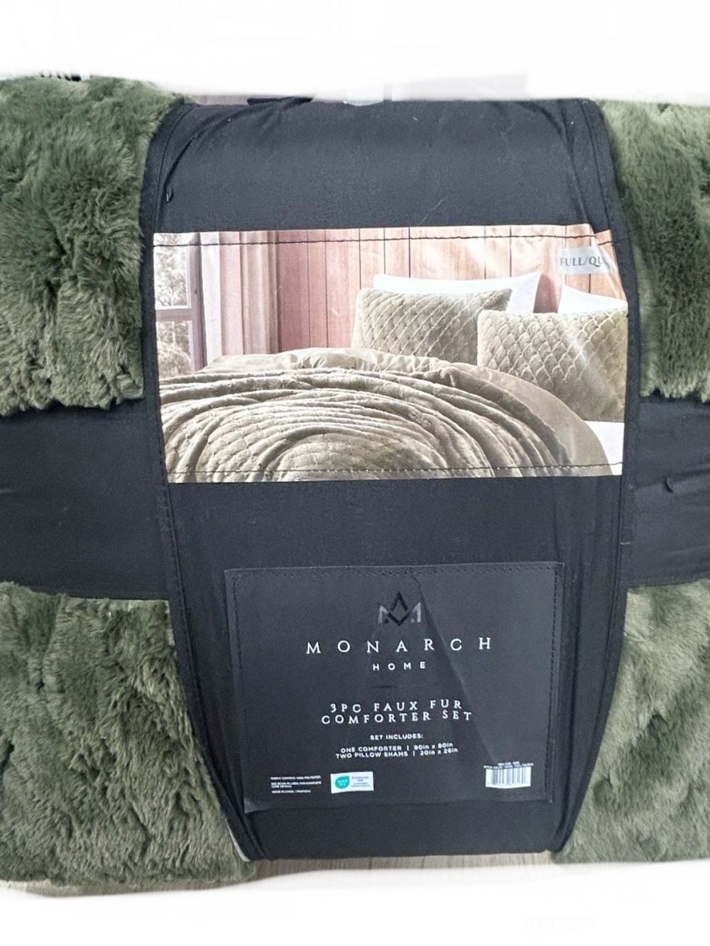 Monarch Home Faux Fur Moss Green Queen Comforter Set 90”x90”